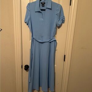 DKNY Sky Blue Collared Midi Dress with Tie Waist